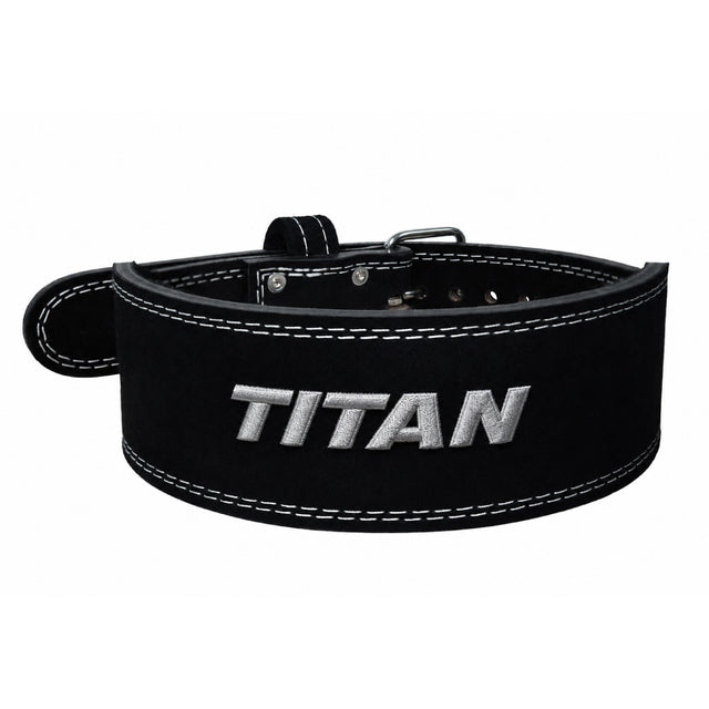 Titan Weight Belt 10mm tapered black suede Longhorn prong powerlifting belt, 4 inch back and 2.5 inch front, embroidered Titan logo
