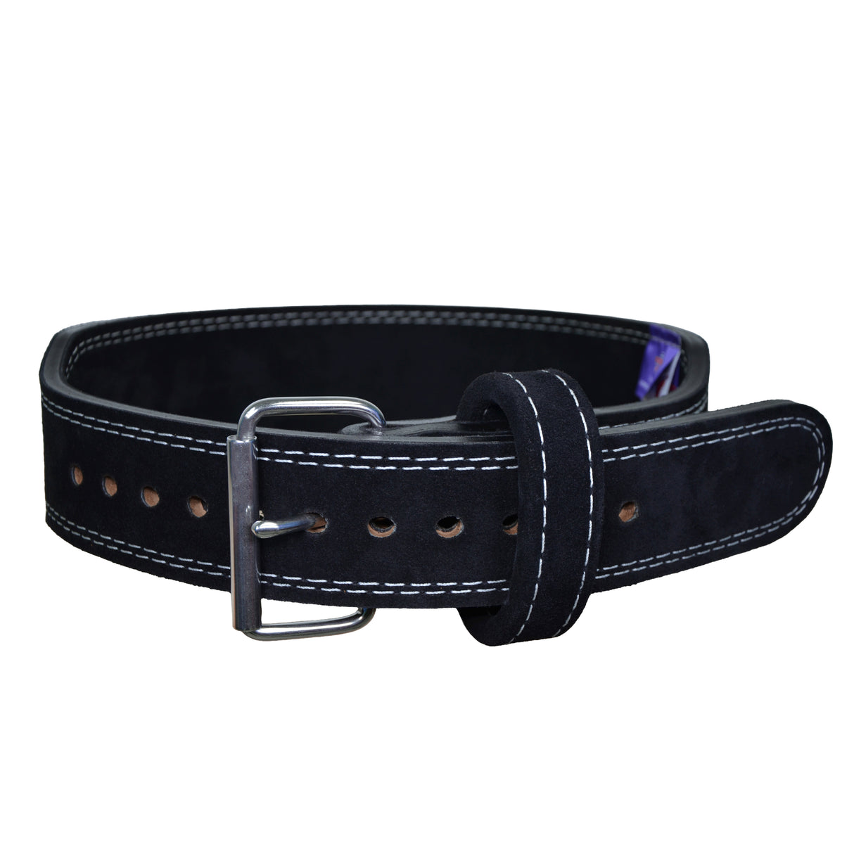 A black leather weightlifting belt with white contrast stitching and a silver metal buckle, shown coiled on a white background.