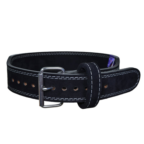 A black leather weightlifting belt with white contrast stitching and a silver metal buckle, shown coiled on a white background.